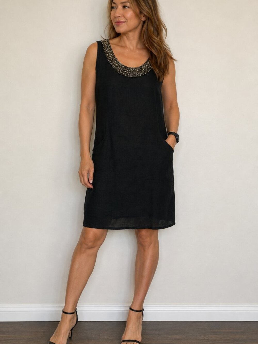 Lina Tomei Navy Linen Beaded Neck Sleeveless Mini Dress Medium Made in Italy GUC